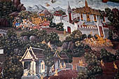 Detail of 'Ramakien' mural painting  - temple of the Emerald Buddha, Bangkok . Architectural elements in the panels are adapted from the real palaces and temples of the capital. 